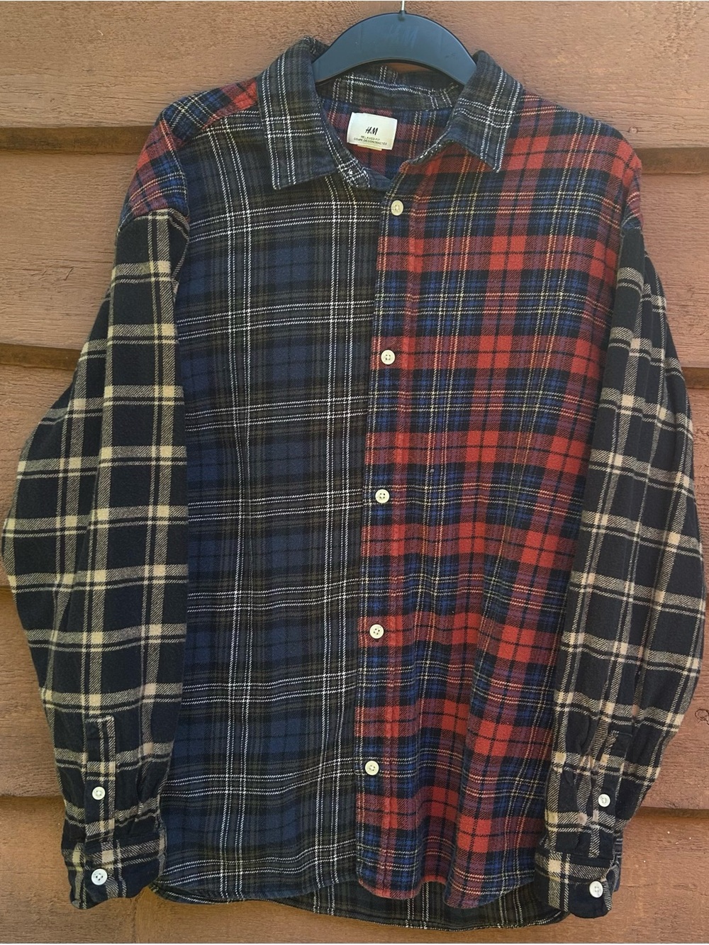 H&M Mens Large Relaxed Fit Patchwork Mixed Plaid Flannel Button Up Shirt